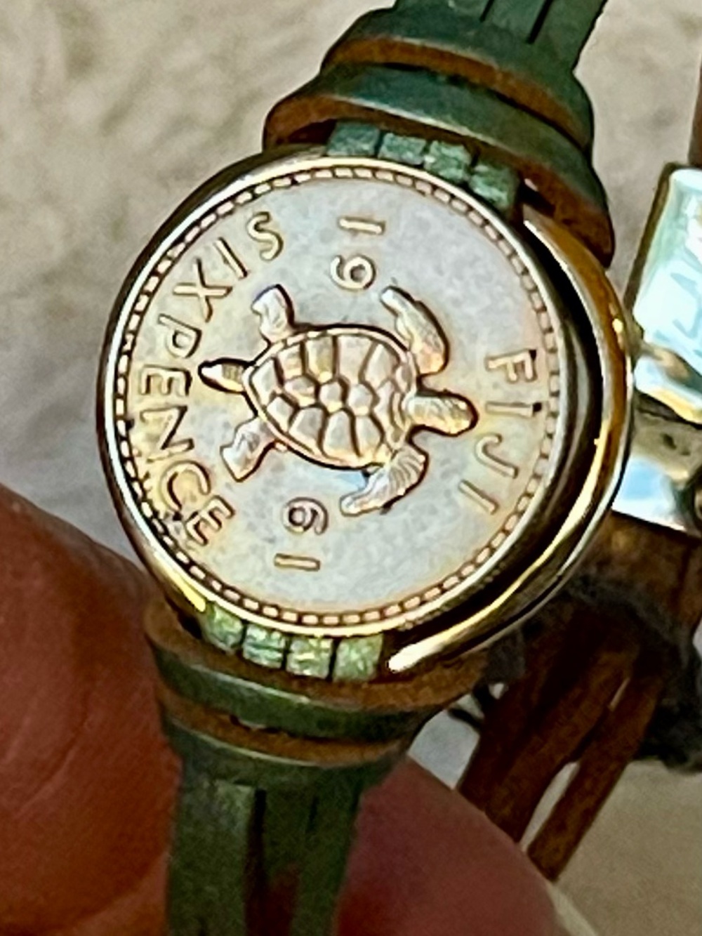 Green Leather Bracelet with Turtle Coin Accent - Unbranded